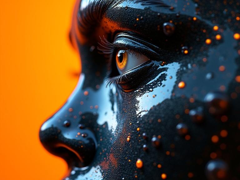 Surreal abstract representation of a human eye rendered in glossy liquid-like material. Shades of black blue orange are used. Eye is part of fluid amorphous face with reflections and droplets. Vibrant orange background enhances molten effect.