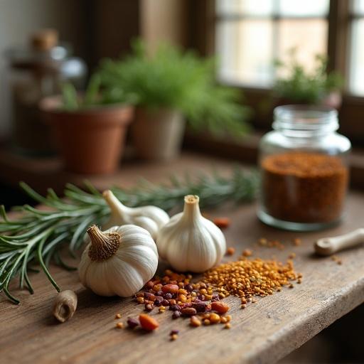 Cozy rustic kitchen scene. Garlic bulbs and rosemary sprigs are displayed on a wooden countertop. Colorful spices scattered around. Warm natural light shines through the window. Spice jar clearly focused with a softly blurred kitchen background. Realistic photography style.