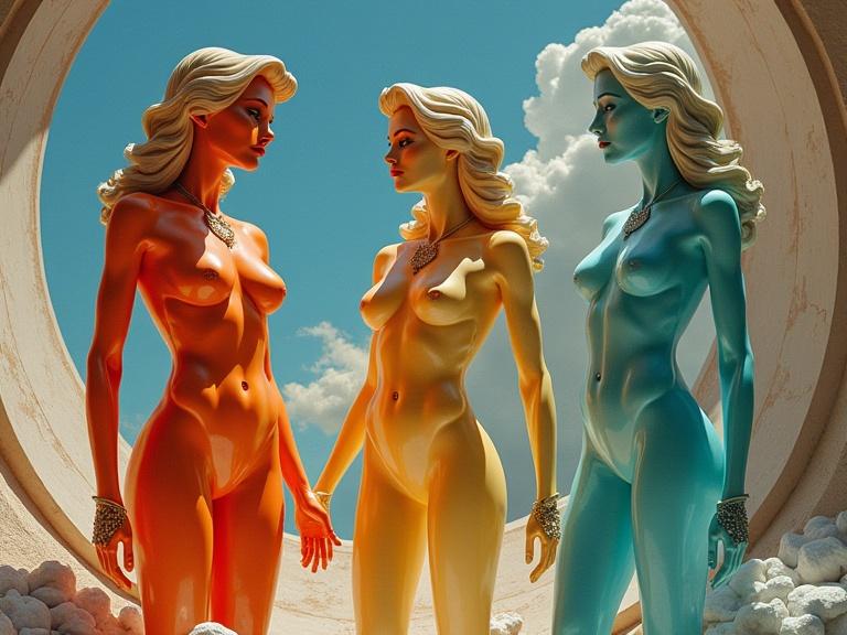 Three anthropomorphic figures with cream-like bodies. These figures are made of glass and crystal. They stand in a circular formation against a cloudy sky. Figures have distinct coloration. The present a striking visual relationship. Artistic design showcases emotions and form.