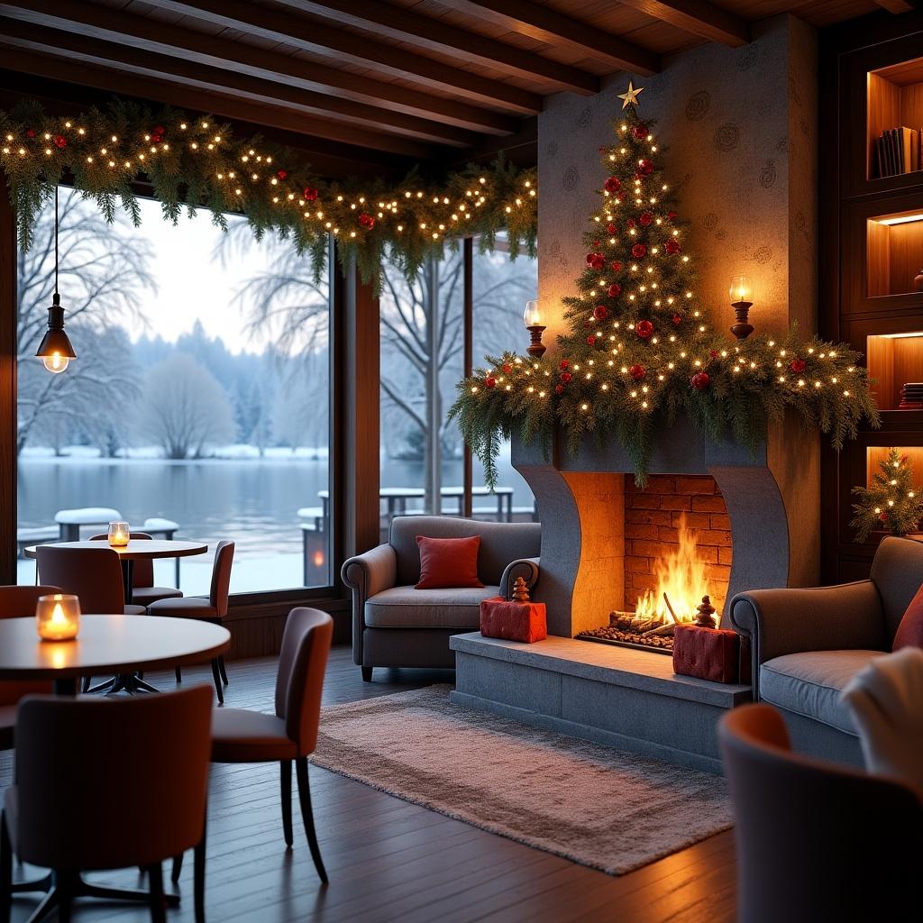 Cinematic rendering of a luxurious coffee shop with a fireplace by a lakeside during a snowy winter evening. Shop is decorated with Christmas elements and exudes a festive vibe.