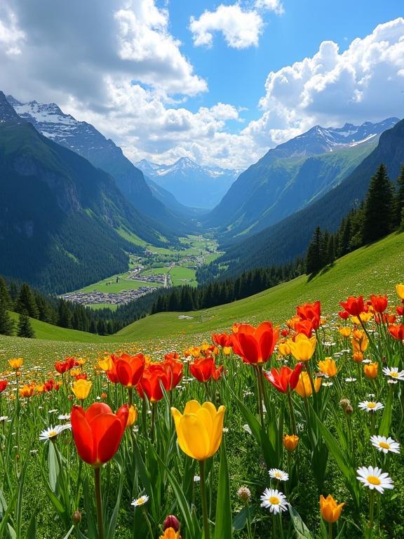Vibrant alpine meadow filled with wildflowers. Lush green grass and colorful flowers in various shapes. Prominent tulip-like flowers with vivid red yellow orange hues. Slender green stems and leaves. Smaller white daisies with yellow centers. Gently sloping meadow leading to a valley with a small village. Rugged mountains in the background with snow-capped peaks and dark green forests. Bright blue sky with scattered clouds.