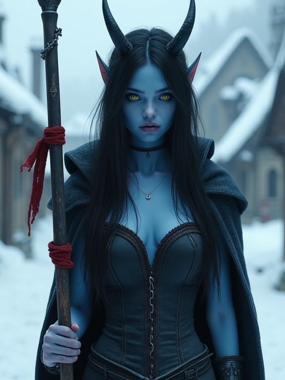 photorealistic depiction of a young devil woman in a snowy medieval village with vibrant blue skin and yellow eyes. She has long black hair and small horns, wearing a sleeveless corset dress with a heavy cloak. A lance rests on her shoulder.