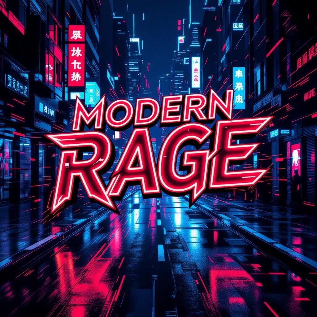 Bold typography with sleek design. Glowing neon red and electric blue colors. Glitch distortion and digital noise effects. Aggressive and clean lines with depth. Dynamic composition with motion blur and fragments. Urban cyberpunk vibe. High energy expressing raw emotion.