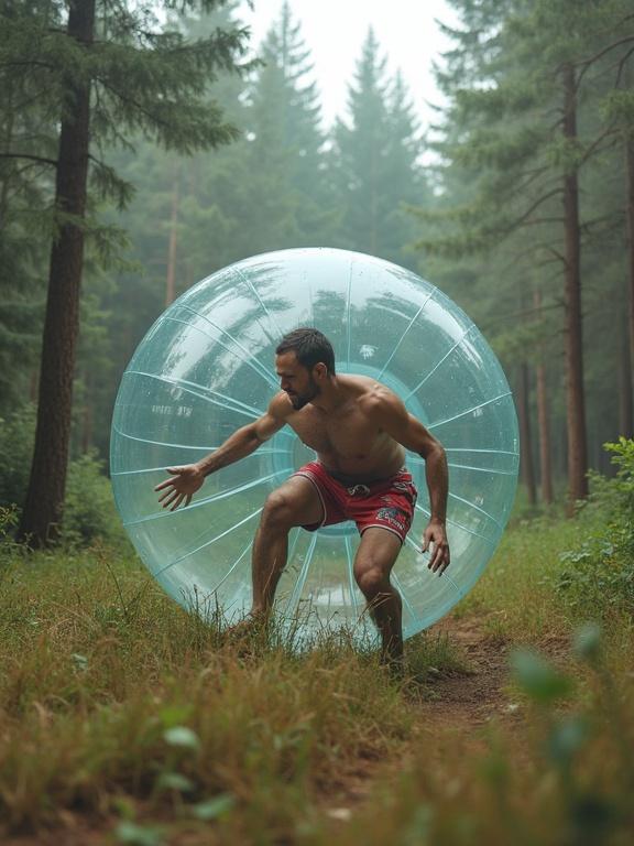 A human stands inside a transparent rubber ball in a green forest. The person is in a dynamic pose, engaged with the nature around. The environment is lush with trees and foliage. The atmosphere is calm and misty.