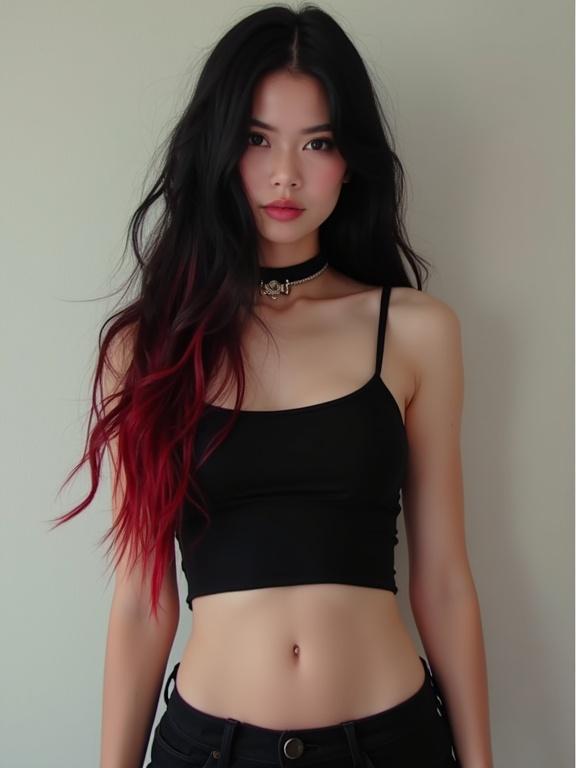 Portrait of a young woman with long black hair featuring red streaks wearing a black tank top and short black shorts posing against a neutral background. She has a choker and a flat midriff.