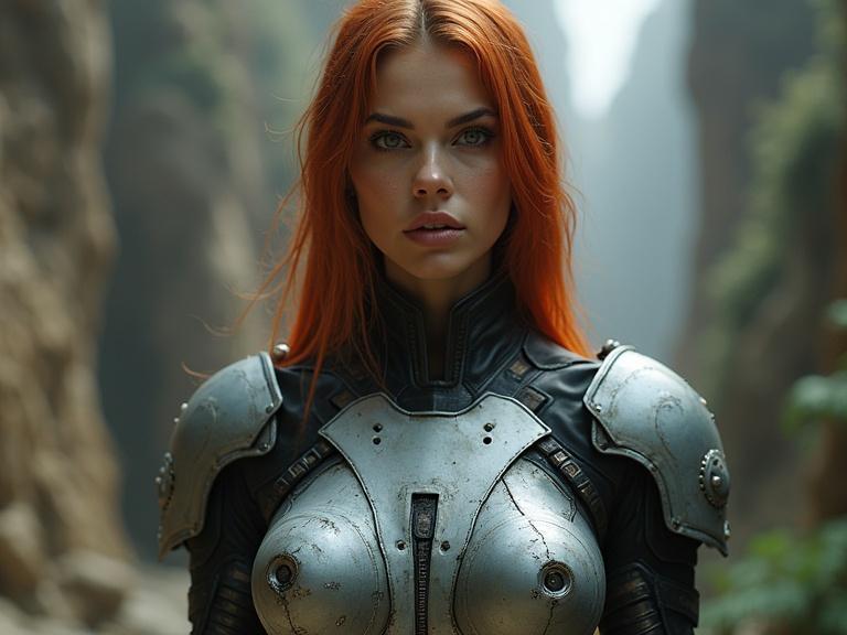 Exotic futuristic mechanical style body armor on a character with long red hair. Heroic stance and detailed armor design. Set in a rocky canyon environment.