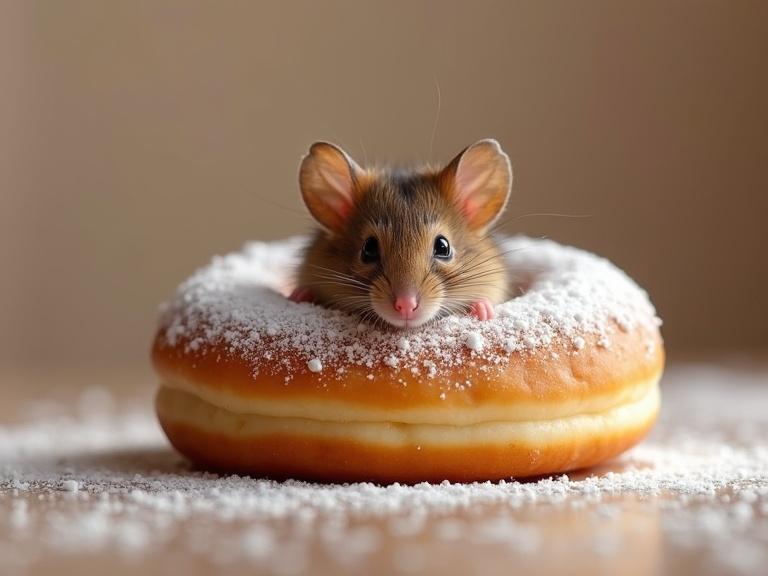 Shy little mouse peeping out from center of frosted doughnut. Cute mouse has large ears and whiskers. Doughnut is round with powdered sugar on top. Soft light illuminates scene. Warm colors create inviting atmosphere.