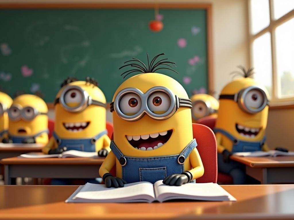 The image showcases a classroom filled with adorable Minions, all sitting at desks. The main Minion in the foreground has wide glasses and a big smile, looking eagerly at an open book. The classroom has a blackboard in the background decorated with colorful drawings. Each Minion is wearing blue overalls and has its signature hairstyle. Bright sunlight is streaming through the windows, creating a happy and engaged atmosphere. Overall, this scene conveys a fun and playful educational environment with Minions ready to learn.