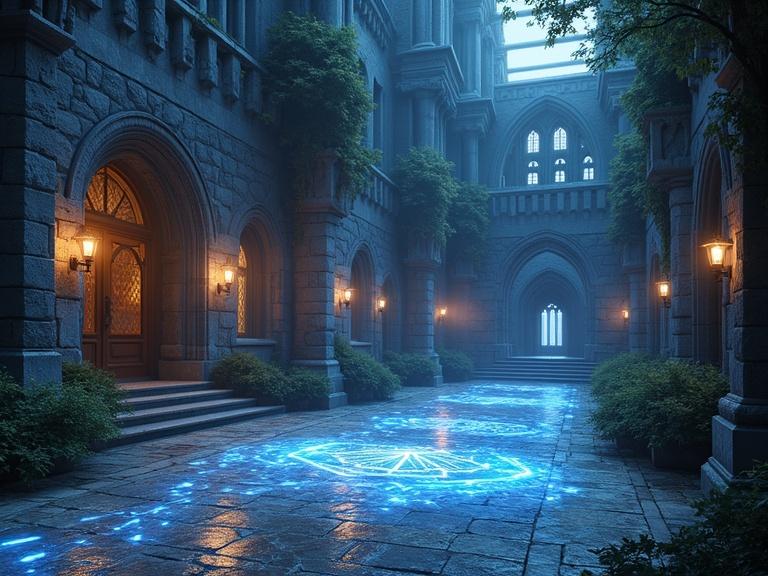 Medieval fantasy castle courtyard scene. Features illuminated 3D holograms on the floor. Grand stone architecture and soft blue lighting create a mystical atmosphere.