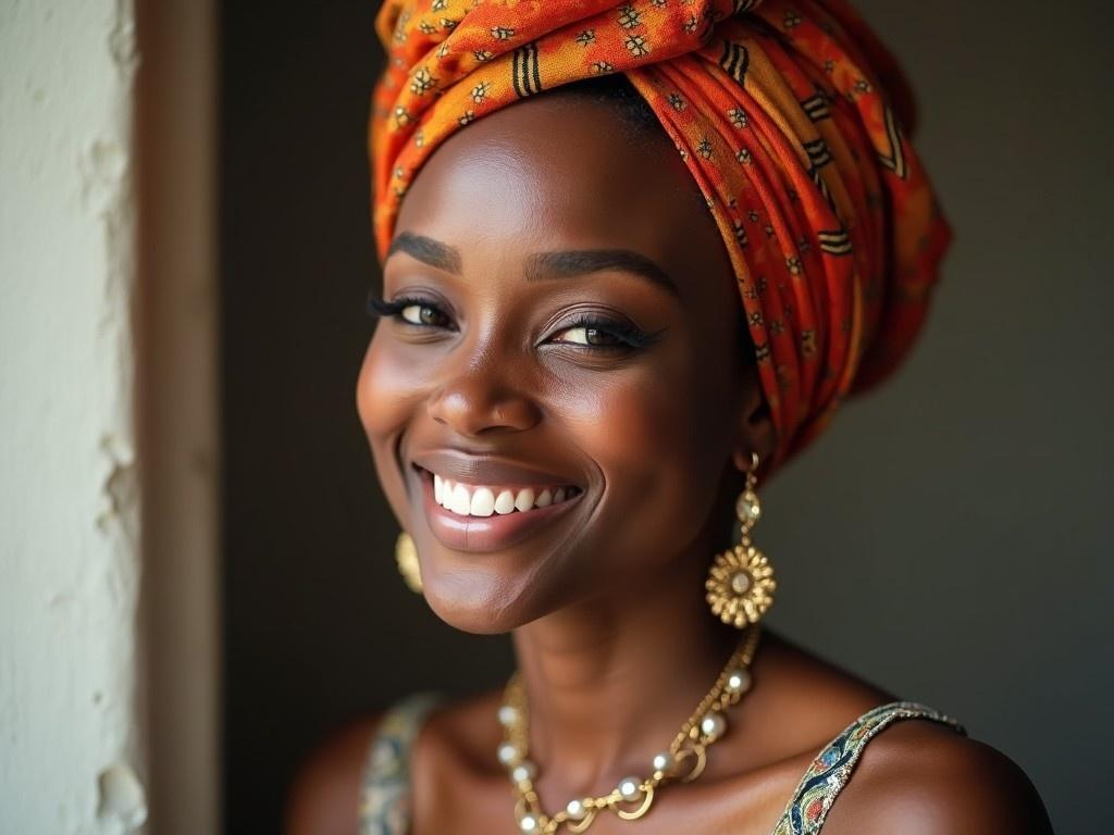 The image features a dark-skinned woman with a beaming smile, showcasing her natural beauty. She wears a vibrant orange headwrap adorned with intricate patterns, complementing her glowing complexion. The background is softly blurred, emphasizing her joyful expression and elegance. Her accessories, including earrings and a necklace, add a touch of sophistication. The lighting is warm and soft, creating a serene atmosphere that highlights her features beautifully. This portrait exudes confidence, culture, and happiness.