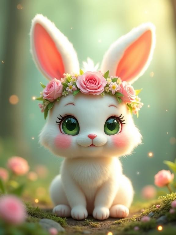 A whimsical forest bunny sprite with a floral crown in a dreamy forest setting. Features include white fluffy fur, large emerald eyes, blush cheeks, and glowing background details. The atmosphere is magical and serene.