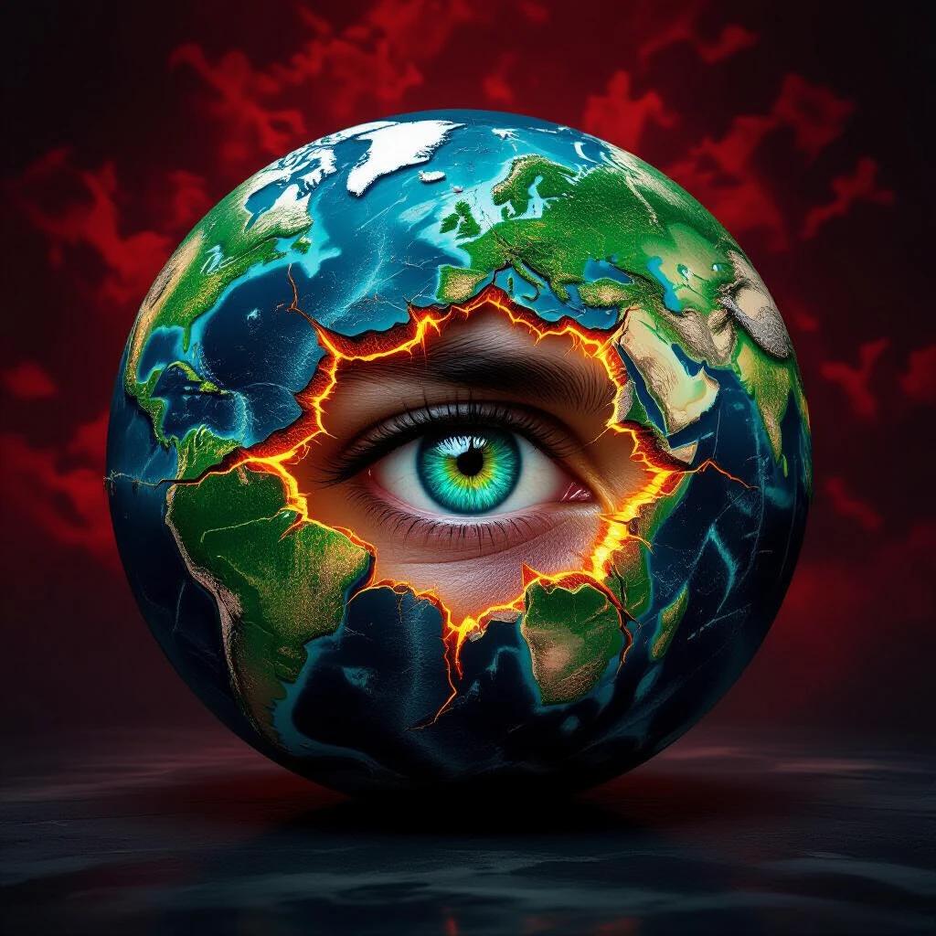 Dramatic digital artwork representing a dark teal globe with glowing green and orange fissures. A single intense eye peers from the globe. Background is deep red and black, evoking danger. Intense mood with cinematic lighting and high contrast.