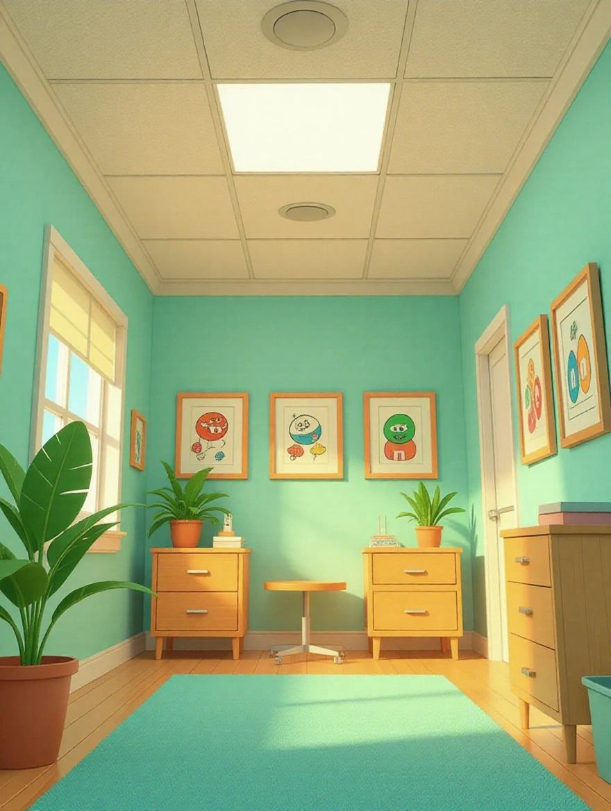3D cartoon doctor's office in worm's-eye view from near the floor. Ceiling tiles with yellow-grey light. Walls are mint green. M&M drawings on the right wall. Leafy plant in lower left corner. Floor has soft blue rug. Simple wooden furniture against the wall. Illustration inspired by Pixar style.