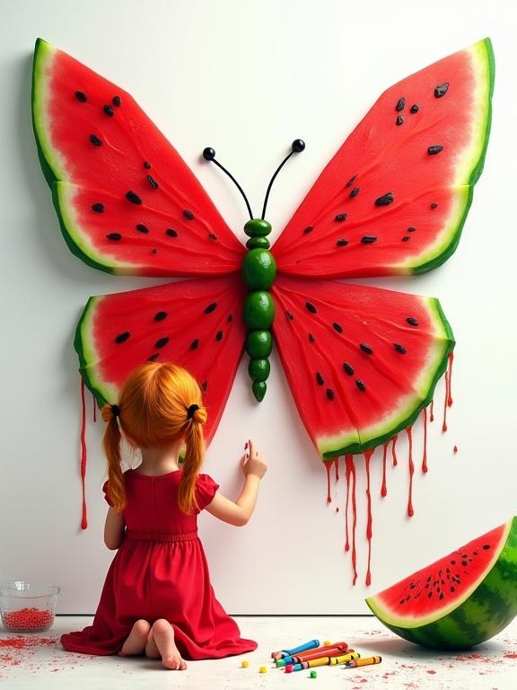 A young girl with ginger hair in pigtails, wearing a red dress, kneels and paints a large, vibrant butterfly on a white canvas. The butterfly's wings are made of watermelon slices, with red centers, black seeds, and green rinds, dripping liquid paint from the edges. It has a green body and antennae. A whole watermelon and a slice are on the ground beside her, along with scattered colored pencils and crayons.