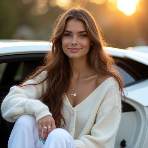 Young woman with long brown hair sitting in stylish white Lamborghini. She wears white sweater and flared leggings. Showcases light blue nails and ring. Necklace with name 'Kayli'. Smiling with cute eyes. Background with golden light.