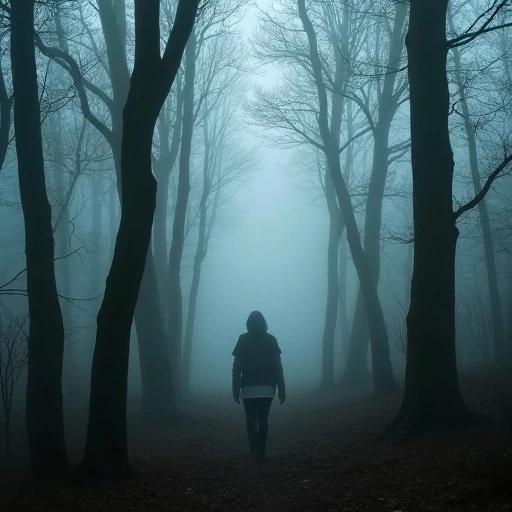 A figure walks through thick morning mist in a foggy forest. Tree trunks appear ghostly in the haze. The scene conveys a sense of eeriness and calmness. Sounds are muted from the surrounding dampness.