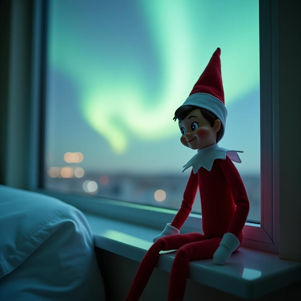 Elf on the Shelf sits on window in hospital room. Medical equipment appears. Soft light from aurora borealis illuminates scene.