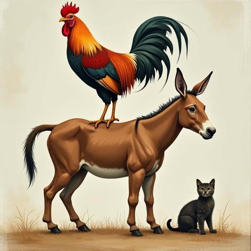 Rooster standing on donkey with a cat sitting next to them. Donkey creates a whimsical scene with farm animals. Rooster has vibrant colors. Cat is looking up at donkey. Donkey is standing tall. Overall artistic style is playful and lighthearted.
