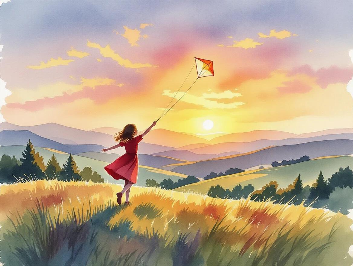 Watercolor painting depicting girl flying kite. She stands on a hill. The sunset bathes the scene in warm colors. She wears a striking red dress. The sky is a blend of orange and yellow. Trees dot the background.