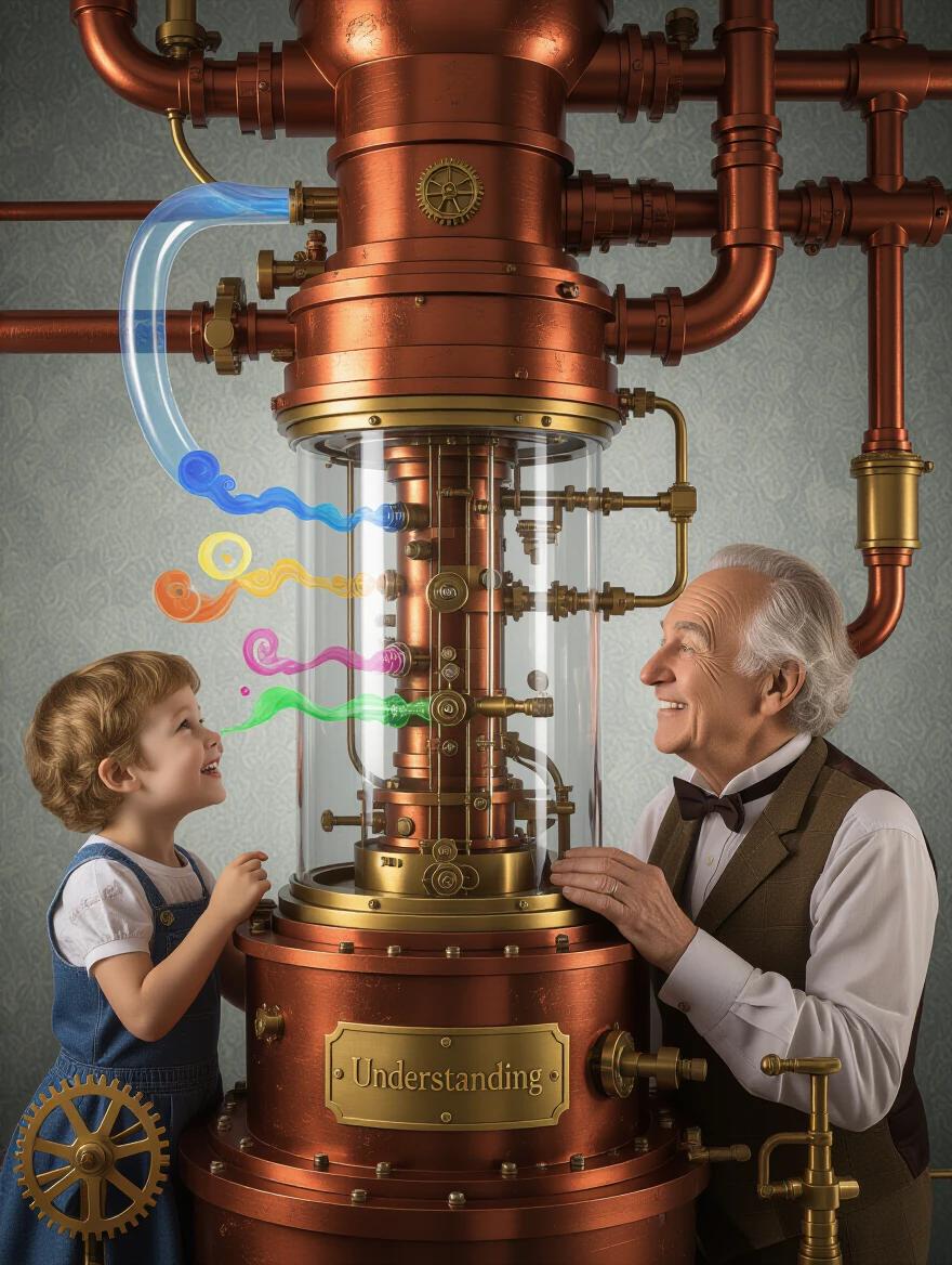 Steampunk machine symbolizes human emotions. Constructed with copper gears glass tubes. Vapors signify joy sorrow anger. Child and elder share smiles through connection. Brass plate says Understanding. Evokes themes of empathy. Retro-futuristic design.