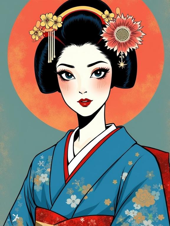 A white-faced geisha with brightly made-up eyes in a brightly colored blue kimono in modern comic style.