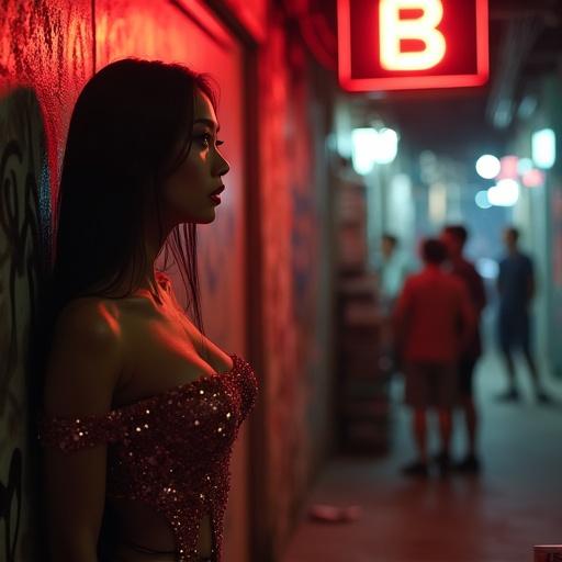 Dimly lit alley in the Red Light District. A ladyboy wears a sequined half-off-the-shoulder dress. She leans against a graffiti wall. Gaze directed at a group of men near a street vendor. Tension between allure and vulnerability. Vendor close to men. Neon sign flickers overhead. Shadows play over her features. Artistic representation of nightlife.