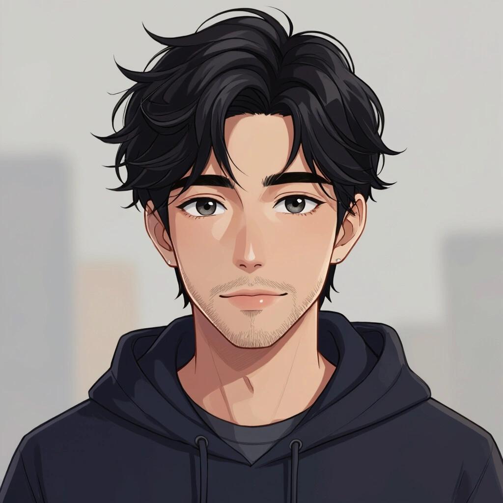 Portrait of a young man styled in 2025 anime. Medium-short wavy black hair, fair skin, expressive deep eyes, light facial hair. Wearing casual fitted clothes. Soft out-of-focus background, subtle lighting enhancing depth. Calming facial expression with a slight smile. Realistic anime with sharp eyes and soft lighting.