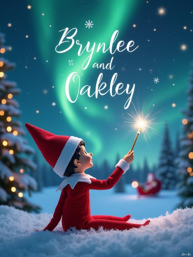 An enchanting Christmas scene featuring an elf on the shelf. The elf sits with its back to us, gazing upwards. It uses a wand to elegantly write the names 'Brynlee' and 'Oakley' in the night sky. The background is adorned with stunning northern lights and a distant image of Santa Claus. Snow blankets the ground, creating a serene winter wonderland. This magical moment captures the essence of holiday joy and wonder in the air.