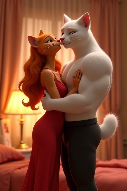 A warm bedroom scene featuring an anthropomorphic orange female cat in a red nightgown embracing a strong white male cat in black trousers. They show joy and affection in their expressions. The atmosphere is cozy with gentle lighting.