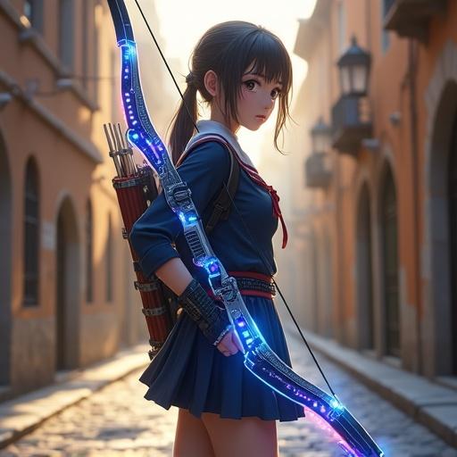 Realistic portrayal of a high school girl archer in a medieval European stone city. Character wears a modern Japanese-style school uniform with durable boots. She carries a high-tech energy bow with a gradient color scheme. Details include a quiver on her back and a calm, determined expression. The setting features ancient cobblestone streets under soft morning sunlight. Contrast between modern uniform and historical background adds depth to the image. Hair is styled in a low ponytail with loose strands, showcasing realistic textures.