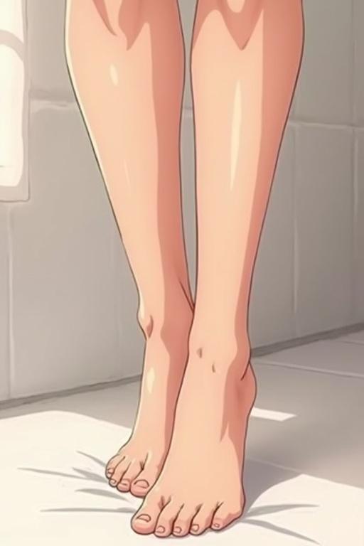 Two bare feet tiptoeing. Focus on the soles and arch of the feet. Artistic illustration in anime style. Light shines on the feet. Background shows a bright setting.