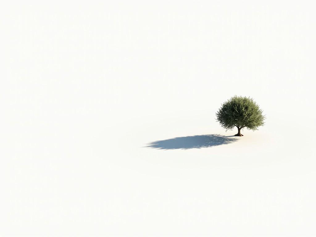 This image features a minimalist design with a single olive tree set against a white background. The tree is placed centrally, creating a focus point that draws the eye. Its shadow is long and sharply defined, extending horizontally to the left. This contrast between the vibrant green of the olive tree and the stark white background adds depth to the composition. The overall feel is serene and modern, making it ideal for various applications.