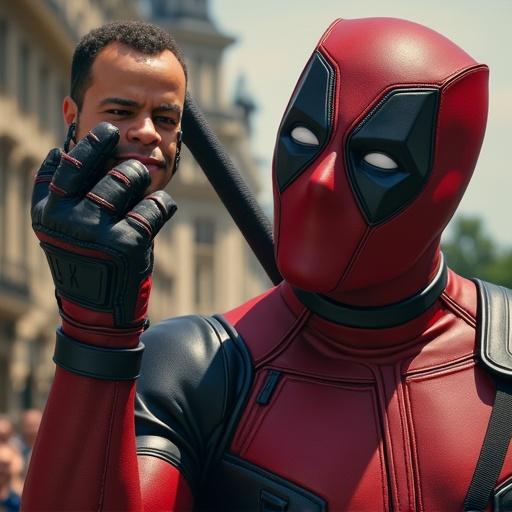 Deadpool in a humorous scene holding political figures.