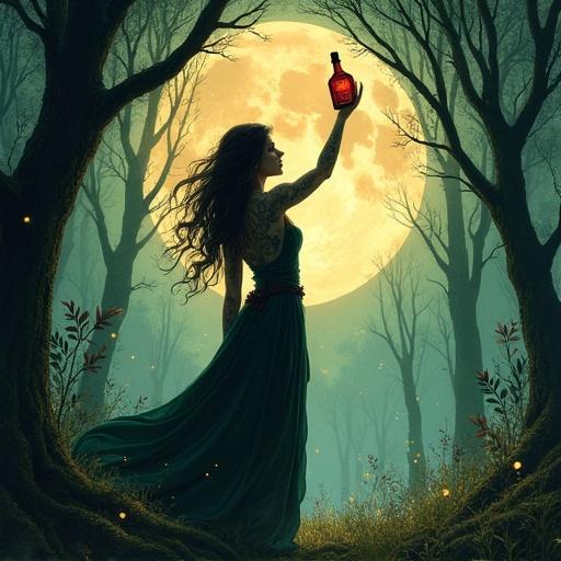 A Germanic goddess stands in a mystical forest under moonlight. She has intricate tattoos and wears flowing robes. She holds up a glowing bottle of 'ALFRUNO,' contrasting with the moon's light. The trees cast eerie shadows with twinkling fireflies. Art style is soft watercolor inspired by Alphonse Mucha.