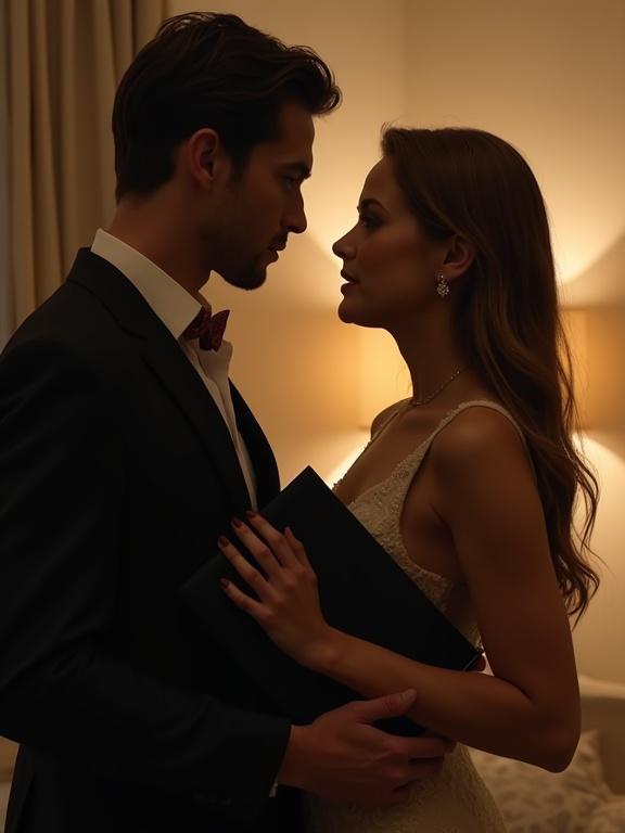 Young elegant couple looking at each other while holding a black envelope. Scene features soft warm lighting from a lamp. Modern apartment in the background. Realistic cinematic mood.