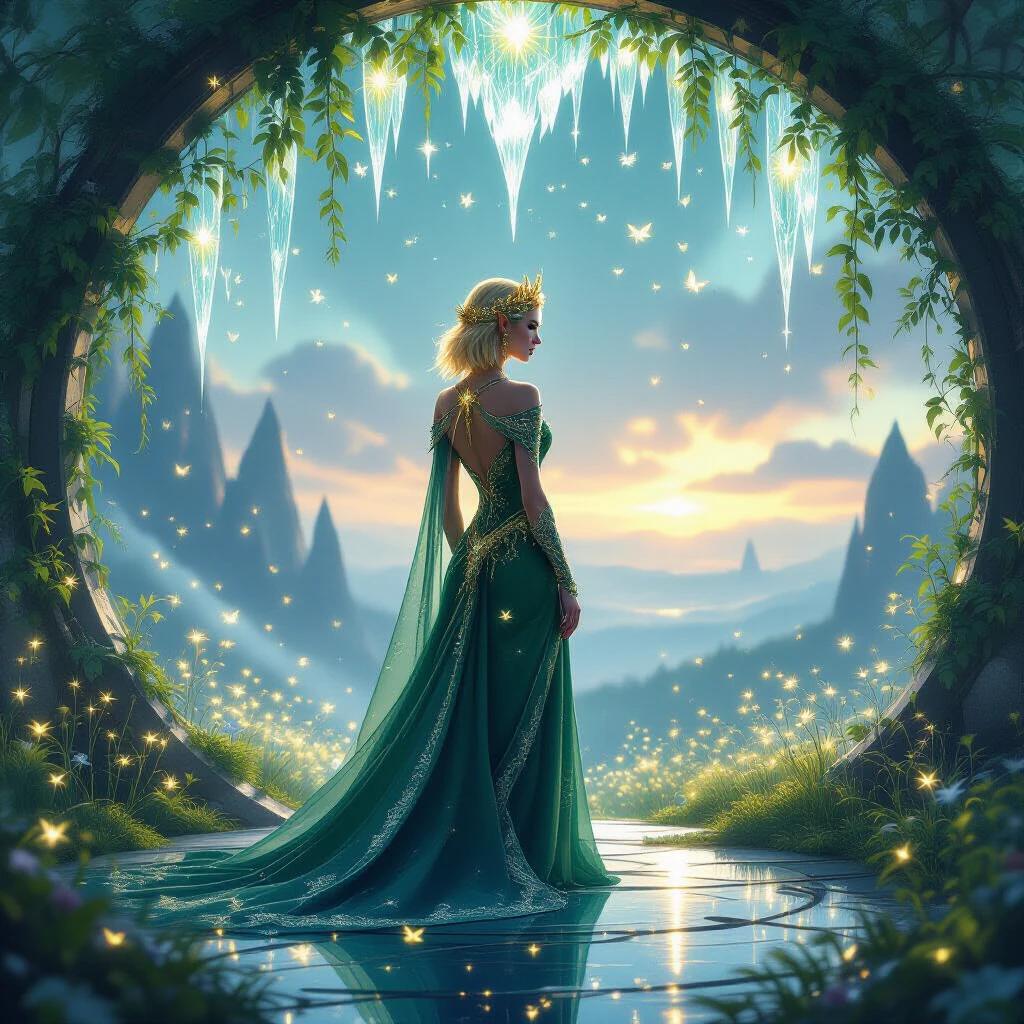 A mystical elven queen stands beneath a luminous archway of crystalline vines. The queen wears a shimmering emerald and gold gown. She has short golden hair crowned with ornaments resembling falling stars. Glowing moths drift in the air. Behind her is an endless meadow of bioluminescent flowers extending to a surreal twilight horizon. Two glowing moons hover in the sky.