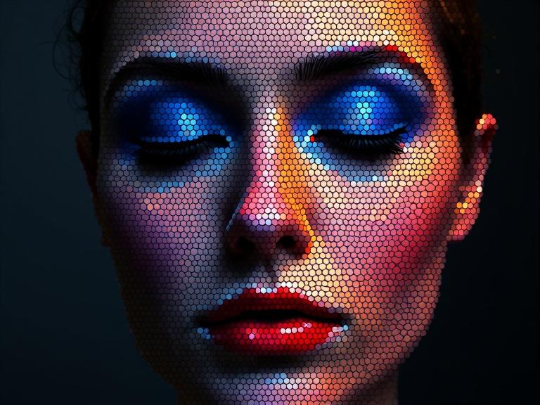 Abstract portrait of a face with closed eyes and blue eyeshadow. Features red lips and a background gradient. Composed of colorful circular dots in varying sizes. High contrast luminescent effect highlights facial features.