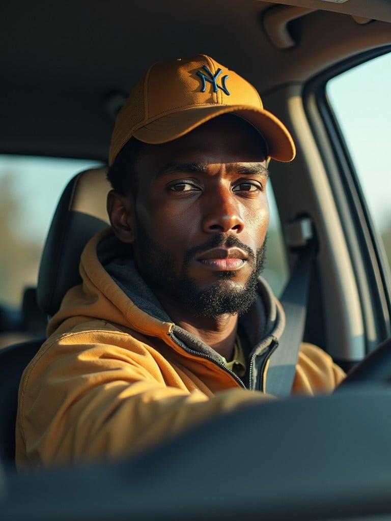 A man is driving a car wearing a yellow baseball cap and a casual hoodie. The scene shows a relaxed driving atmosphere with soft lighting. The vehicle is in motion, and the focus is on the driver interacting with passengers.