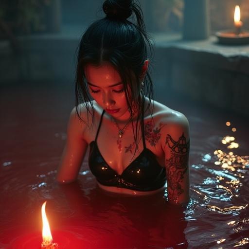 Fantasy setting with a necromancer performing a ritual. The pool of blood surrounds her. She has black hair in a bun and red tribal tattoos. Wearing a bikini made of shadow.