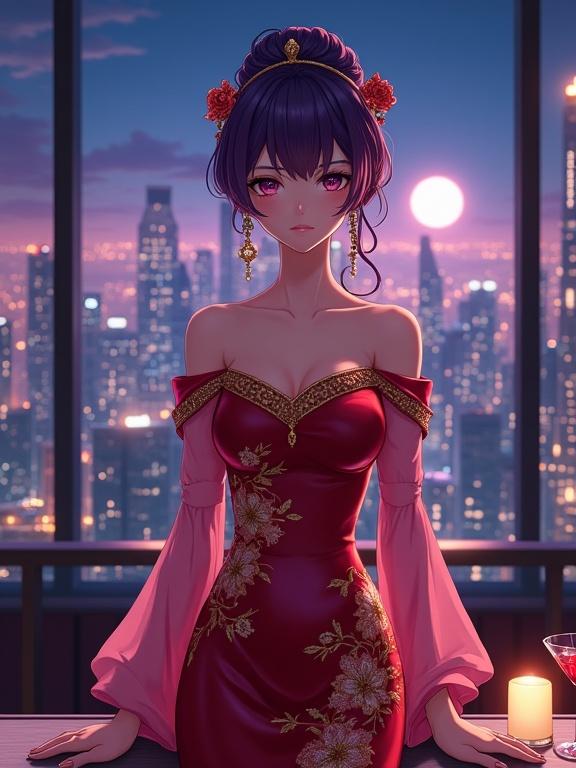 A breathtaking woman stands gracefully facing forward. She is in front of a large window inside an upscale lounge. Violet eyes and refined features enhance her enigmatic charm. Violet hair styled in an updo adorned with golden ornaments. A luxurious off-shoulder shiny red gown with golden floral embroidery. Pink sheer sleeves add elegance. Long earrings catch light. A deep wine-red cocktail sits on the bar counter. The city skyline glows against the night sky. A full moon peeks through skyscrapers. The image has a semi-anime aesthetic and rich detail.