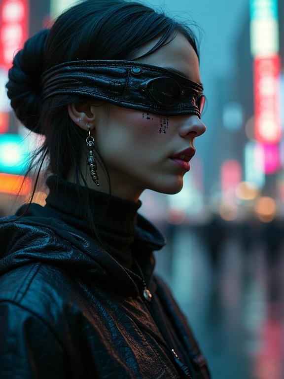 A female character with a blindfold and goggles in a cyberpunk setting. Features ultradetailed high-definition facial aspects. White eyes and scar tattoos standout. Cinematic lighting enhances the overall scene in an urban environment.