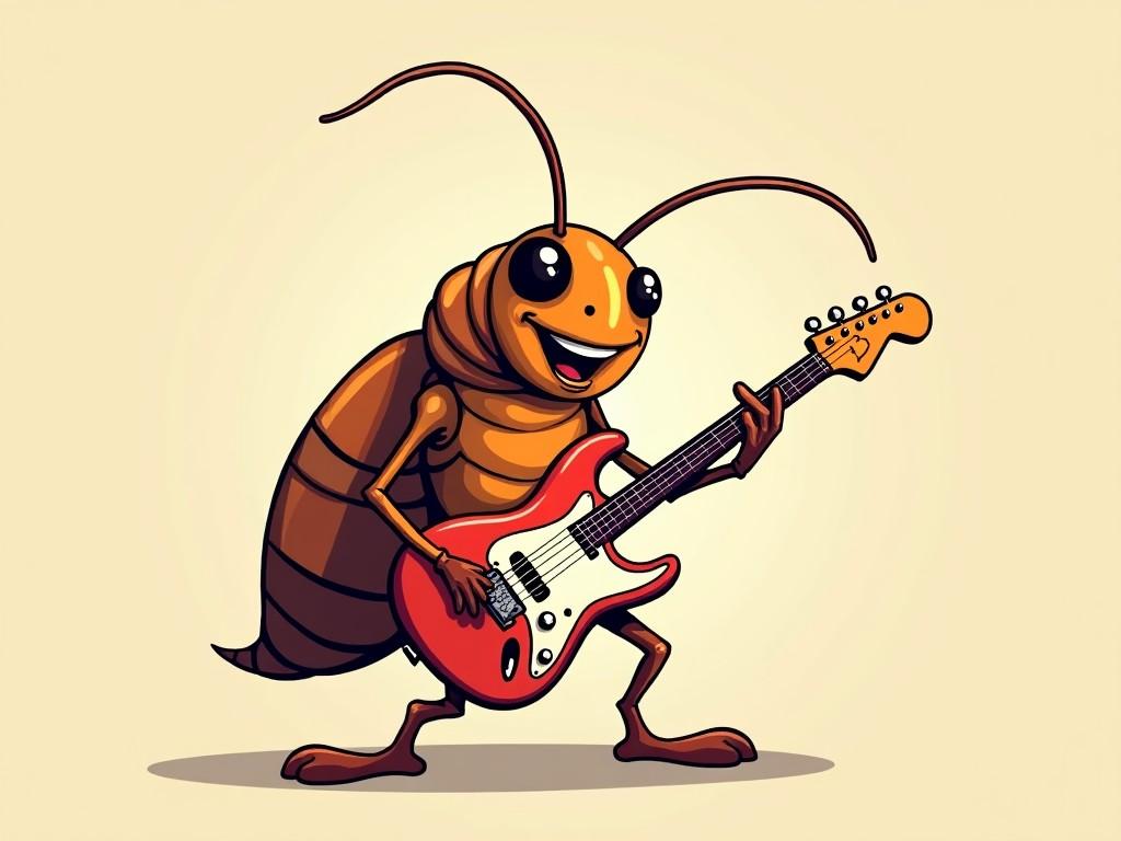 The image features a cartoon insect resembling a cockroach, standing upright and playing an electric guitar. It has a cheerful expression, large eyes, and prominent antennae. The insect's body is mainly brown and orange, with a glossy texture. The guitar is bright red, adding vibrant contrast. This character evokes a fun and lively atmosphere, ideal for children's content or music-related themes. Its playful stance and smiley face make it approachable and engaging. The background is a soft beige, allowing the colors of the character to pop, making the overall scene inviting and entertaining.