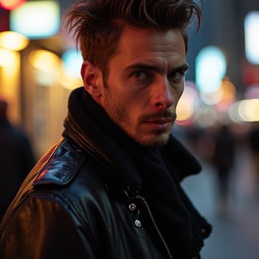 Male popstar in urban fashion. Cinematic lighting. Street vibe. The focus on the emotion in the expression. Cool tones contrasted with warm city lights.