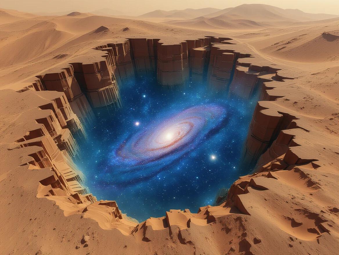 A vast desert landscape with a large pit in the ground. The pit reveals a stunning galaxy swirling with stars and colors. The surrounding area shows desert formations and shadows. The image combines elements of cosmic themes and surrealism.