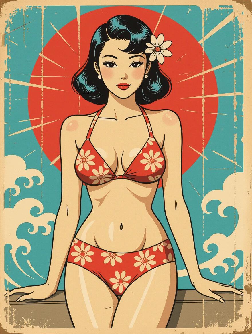 Weathered card with scratches featuring a pin-up style Japanese woman in a bikini. Flower power theme. Sassy pose and flirty expression. 1950s Japanese backdrop with waves. Low angle view and detailed sketching.