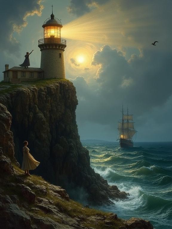 A dramatic romantic painting depicts a lighthouse on a rugged cliff at twilight. The lighthouse beam cuts through mist and stormy clouds. A tall sailing ship is anchored below in a protected cove. A young woman in a simple dress stands at a tower window with her hand pressed against the glass. A male figure climbs the rocky cliff face toward her. Waves crash against jagged rocks. Seabirds fly in the scene. The mood evokes yearning and forbidden love. The lighthouse is a beacon of hope and symbolizes barriers between lovers.