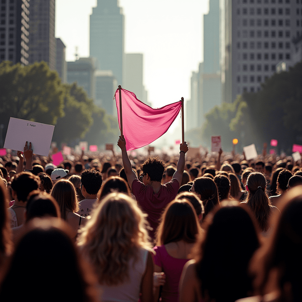 A large, diverse crowd marches in a city street, holding pink flags and signs, with tall buildings in the background.