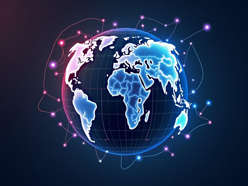 The image depicts a digital representation of Earth, showcasing a modern and futuristic view. The globe is designed with glowing lines and dots, symbolizing connectivity and technology. The continents are highlighted in a neon blue color against a dark background. There are subtle pink and purple elements that add depth and intrigue. The overall aesthetic is sleek and suitable for tech-related themes.