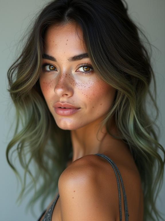 Portrait of a young woman with an oval face. Head slightly tilted with an over-the-shoulder glance. Subtle smile and serene expression. Hazel eyes with dark limbal ring. Freckles are scattered across cheekbones and full lips. Skin is luminous under soft lighting. Hair is cascading over her shoulder, tousled waves with muted ashy-green dip-dye. Image showcases cinematic portrait setup with light gray background.