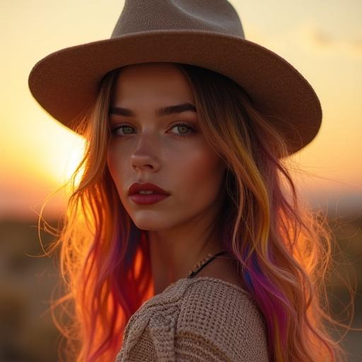 Portrait of a girl with messy rainbow hair. She wears a fancy hat. Background shows a beautiful sunset. The colors are vibrant. Details are intricate. Focus is sharp and realistic.